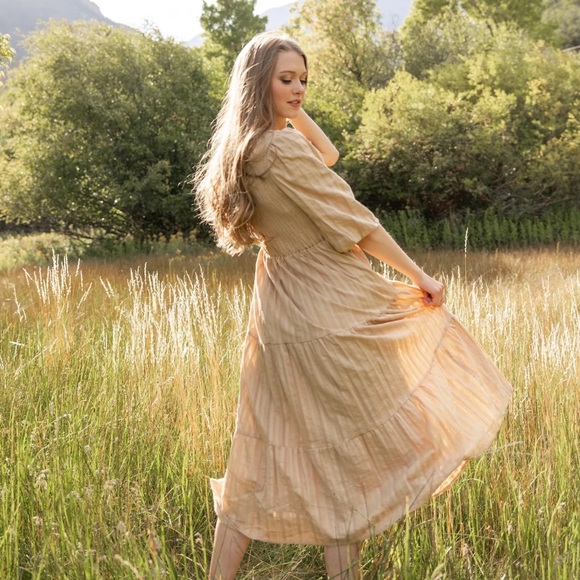 NWT Esme Smocked Modest Midi Dress with Pockets - Tan - Picture 7 of 9